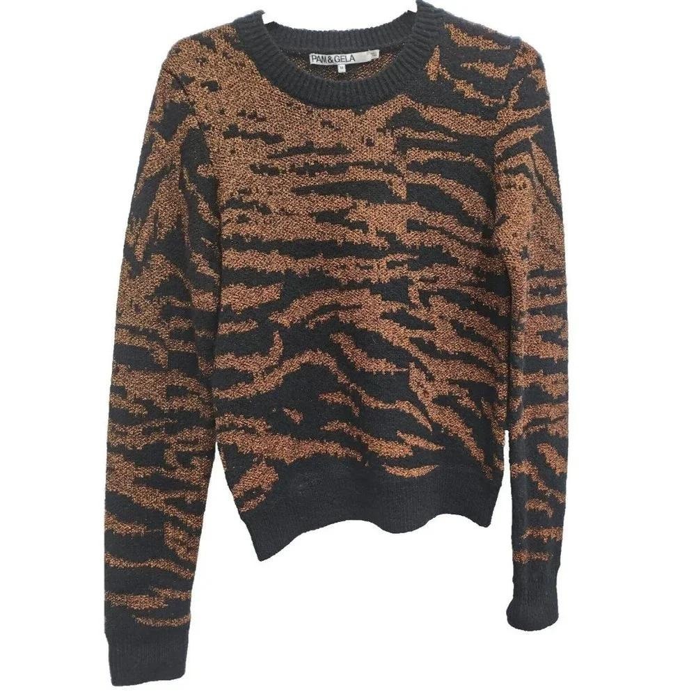 Pam & Gela Tiger Print Metallic Sweater Womens Medium Black Bronze Pullover Glam